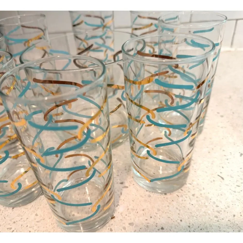 MCM Atomic Squiggle Tumbler Set 8 Ice Bucket Turquoise Gold Vintage Barware 9pc
